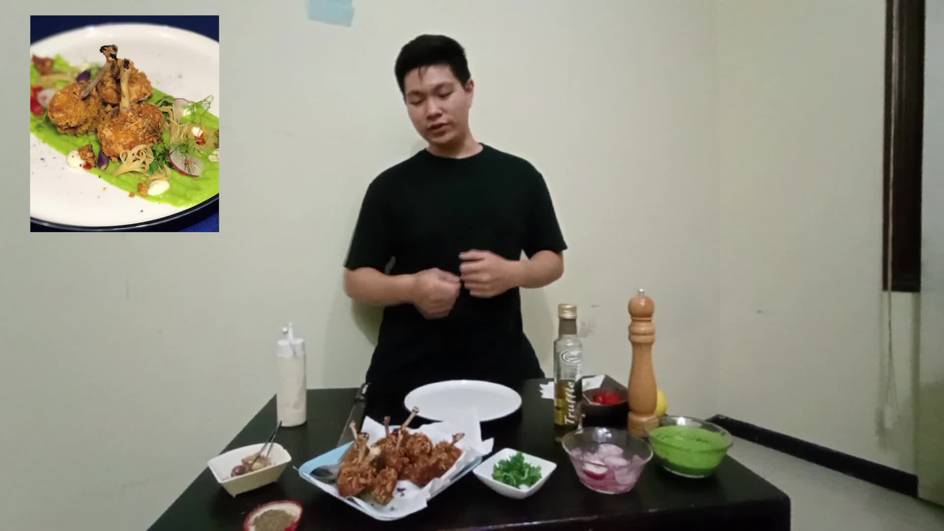 Corn-Flake Chicken Lollipop with Truffle Green Peas Puree Served with Sautéed Enoki mushroom and Sour Cream Sauce #onlineauditionmci8